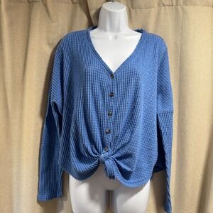 Urban Outfitters Waffle Knit Tie Front Top Button Down Long Sleeve Blue‎ XS